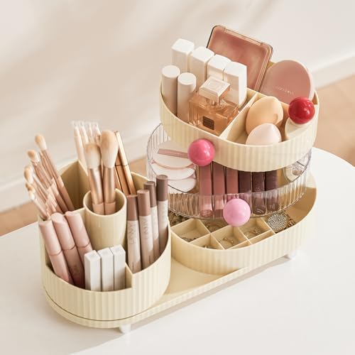 UFORU Makeup Organizer Countertop for Vanity with 360° Rotating Brush Holder, 3 Layer Cosmetic and Jewelry Storage?Makeup Display Case for Skincare&Perfume (Cream White)