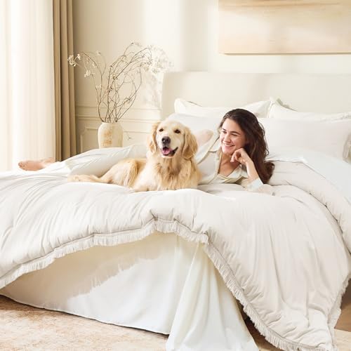 Image of Andency Twin Comforter Set Beige, 2 Pieces Boho Tassel Kids Comforter Sets for Boys Girls Teens, Soft All Season Bedding Comforter Set (66x90In Comforter & 1 Pillowcase)