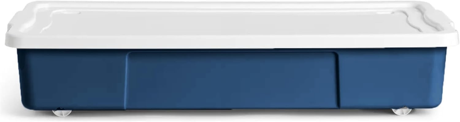 ALEEZ - 47L Underbed Storage Boxes with Wheels - Rectangular Plastic Rolling Storage Container for Clothes, Shoes, Bedding & Toys - Space Saving Durable Organiser for Bedroom & Home Use (Blue, 1x)