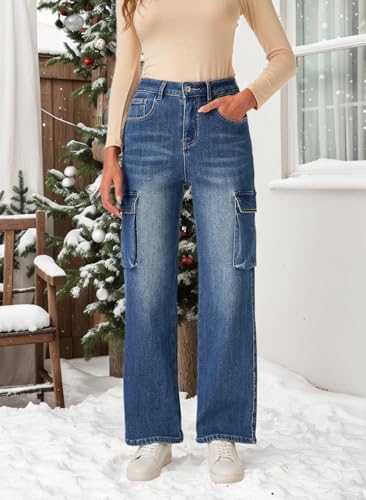 Women's Fleece Lined Cargo Jeans Wide Leg Winter Jeans 6 Pockets Thermal Flannel Lined Jean Casual Denim Pants4