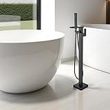 YAGATAP Freestanding Tub Faucet, Free Standing Tub Filler Matte Black, Single Handle Stand Alone Brass Bathtub Faucet with Hand Held Shower and Swivel Waterfall Mixer Spout Floor Mount