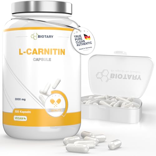 BIOTARY L-Carnitin, 320 Kapseln, 3000mg Tagesportion, 3 Monatsvorrat, inklusive Pillenbox, L-Carnitine hochdosiert Kapseln, 100% Vegan