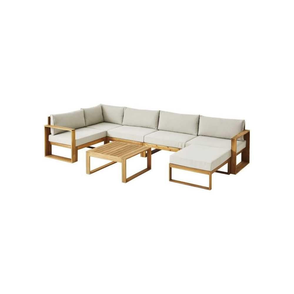 Salon de Jardin LEVATA en Bois dacacia FSC - 6 Personnes avec Ottoman - Coussins Gris et Deux Tons + Housse Incluse