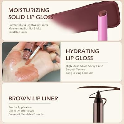 Lip Combo - 2 Colors Lip Gloss with Brown Lip Liner, Moisturizing Matte Click Lipstick Balm Non-Sticky Lip Oil Smooth Lip Liner Pencil High Shine Daily Plumping Lip Kit Makeup for Women