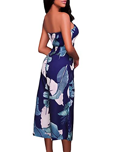 Eiffel Women's Off Shoulder Strapless Leaf Print Capris Jumpsuit Rompers Wide Leg Pant Blue S #TOP1