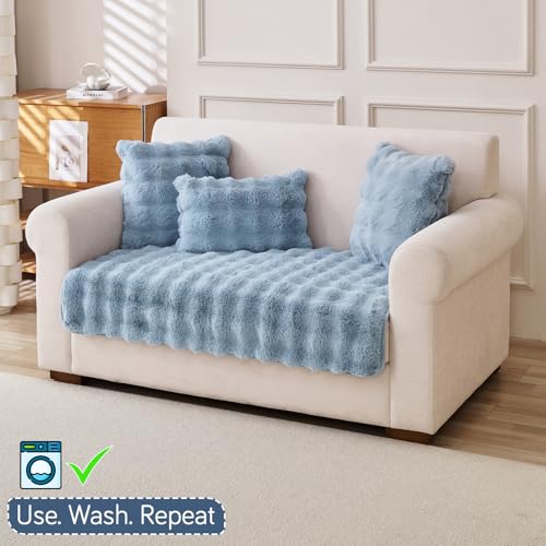 Image of HOKIPO 'FurHug' Luxury Faux Rabbit Fur Anti Slip Sofa Seat Mat for 2 Seater, Charm Blue (NEW-5013-BL*1)