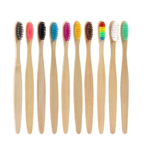 Cepillos de dientes de bambú con cerdas suaves, 10 paquetes de cepillos de dientes suaves de bambú orgánico natural para adultos y niños, embalaje ecológico y sin plástico para familia viajes