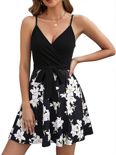 Image of ECOWISH Summer Dresses for Women 2026 V-Neck Spaghetti Strap Bowknot Backless Sleeveless Lace Mini Swing Skater Dress