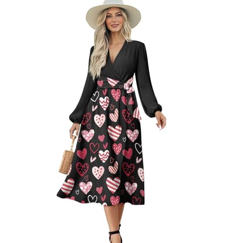 Image of Buxolandt Valentine's Day Hearts Dress for Women Long Sleeve V Neck Loose Long Maxi Casual Dress with Belt Elegant Ruffle A Line Sundresses for Prom, Banquet, Valentine's Day Black Large