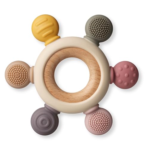 Image of Baby Teething Toys, Silicone Chewable Rings with Organic Wooden, Natural Toys for Newborn, 3+ Months (6 Directions, Khaki)