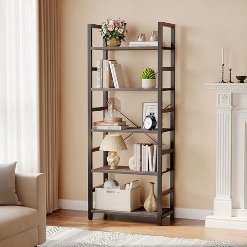 Image of DUMOS 5-Tier Bookshelf, Modern Tall Bookcase, Open Storage Display Shelf for Living Room, Bedroom, Home Office, Narrow Standing Shelving Unit for Books, CDs, Decor,Wood Grey