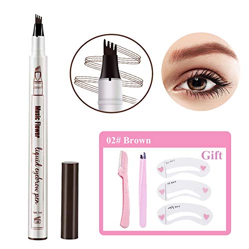 Eyebrow Tattoo Pen, Microblading Eyebrow Pencil with Four Tips,Waterproof Brow, Fork Tip Applicator Creates Natural Looking Microblade Brows Effortlessly and Stays All Day(Brown)