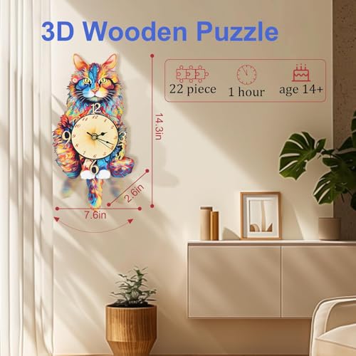 Kosmickiss 3D Wooden Puzzles for Adults, Maine Cat Mechanical Model Kits, DIY Wall Clock Puzzle, Gifts for Cat Lovers, Home Decor Creative Gifts for Men and Women, Pendulum Wood Craft — view 4