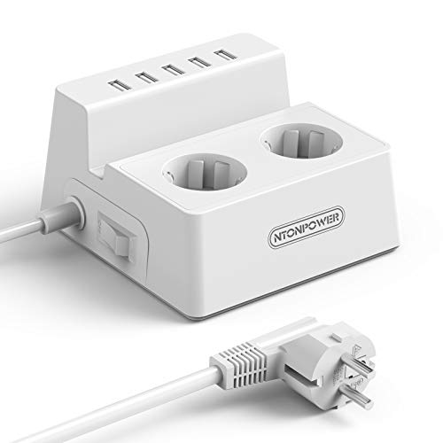 USB Steckdosenleiste Überspannschutz ohne licht, NTONPOWER 2-Fach Mehrfachsteckdose mit Telefonhalter Kindersicherung, Netzschalter und Schalter Verlängerungskabel 1,5m für Büro- Weiß, MEHRWEG Cover