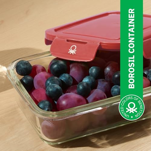 Image of United Colors of Benetton 840 ML Borosilicate Glass Food Storage Container with Airtight Red Lid - Leakproof, Microwave, Oven, Freezer & Dishwasher Safe - Durable & Reusable Lunch /Dinner Box