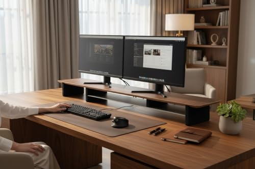 Image of Desk Shelf with Aluminum Under-Shelf | Single Monitor Riser | Office Desk Storage | Grovemade Inspired | DARK WALNUT | FULL UNDERSHELF | 147 cms