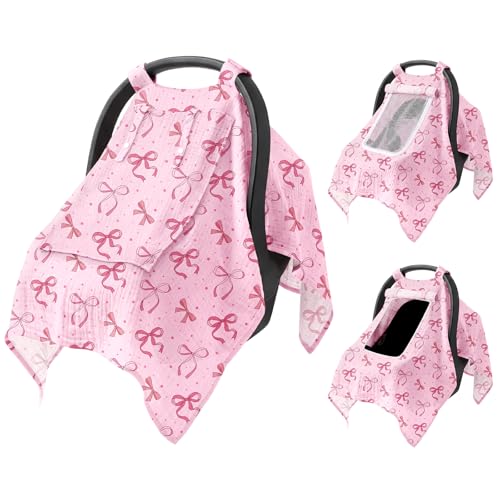 Image of Baby Car Seat Cover with Mesh Window, 100% Cotton Carseat Covers Baby Boy Breathable Infant Car Seat Cover Spring Summer Baby Carseat Cover Lightweight Infant Car Seat Canopy - Pink Bow