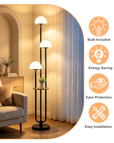 Image of 3 Light Mushroom Floor Lamp with Shelf, Dimmable Black Floor Lamp with Bulbs Included, 3000K Warm White Modern Standing Tall Floor Lamp for Living Room Bedroom Reading Sofa Beside Corner Decor