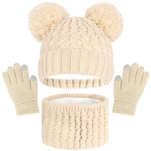 Kids Winter Beanie Hat Scarf Touchscreen Gloves Set, Fleece Lining Boys Girls Winter Hat Neck Warmer Gloves for 1-6 Years