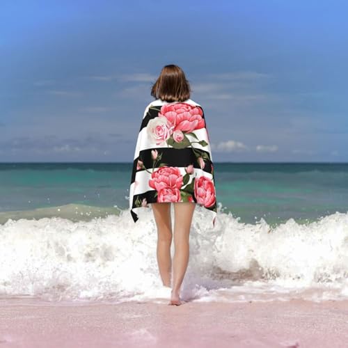 Serviette de bain microfibre fleurs noires et blanches, finition premium - 7
