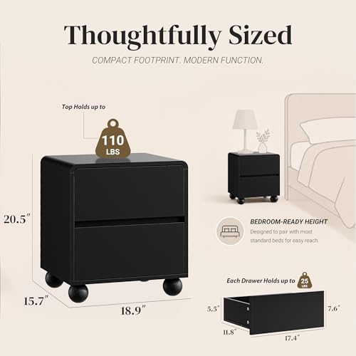 Image of Furniway Black Nightstand Set of 2, Modern 2 Drawer Bedside Table with Curved Profile Design and Handle-Free Drawers, Modern End Table with Storage for Bedroom