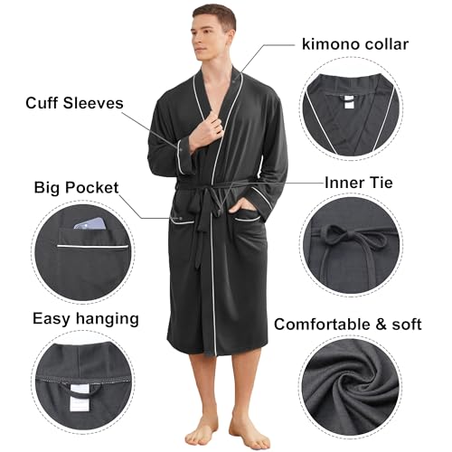 Image of Mens Lightweight Robe, Knit Kimono Bathrobe Spa Sleepwear Soft Knee Length Robe With Pockets