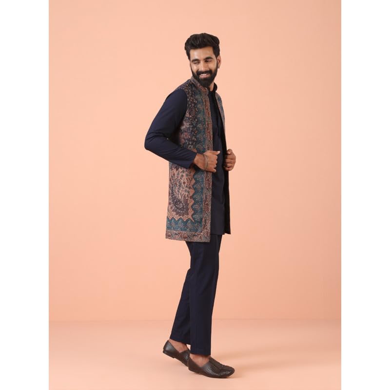 Image of KISAH Mens Kurta Jacket Trouser Set|Pashmina Fabric Jacquard Pattern Mens Ethnic Wear|Regular Fit, Navy Blue
