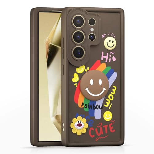 Image of Pikkme Back Cover for Samsung Galaxy S25 Ultra 5G | Soft Silicone| Cute Rainbow Smile & 3D Cartoon Flower Design | Shockproof Raised Camera Protection Bumper Case (Brown)