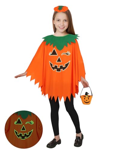 Qqpouc Halloween Pumpkin Costume For Women Kids,Glow In The Dark Adult Halloween Costume With Poncho,Headband & Bag cover