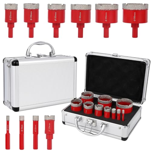 10Pcs Diamond Hole Saw Set for Concrete, Tile and Masonry (6-50mm), Brazed Core Drill Bits Kit for Angle Grinder and Drill Use on Porcelain and Stone