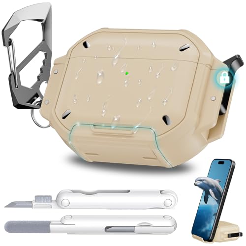 Haeuorey for AirPods Pro 3 Case Waterproof[IP68 Underwater][Full Heavy Duty Protection][Supports Wireless Charging] Anti-Scratch Hard Shell Cover for AirPods Pro 3rd Gen Cleaner Kit&Carabiner (Desert)