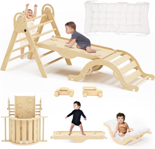 Image of ElegantCrafts Pikler Triangle Set with Cushion, Montessori Climbing Set, Indoor Climbing Toys, Indoor Playground Jungle Gyms, 9 Combinations Climbing Toy Set for Toddler, Baby, Kids 1-4