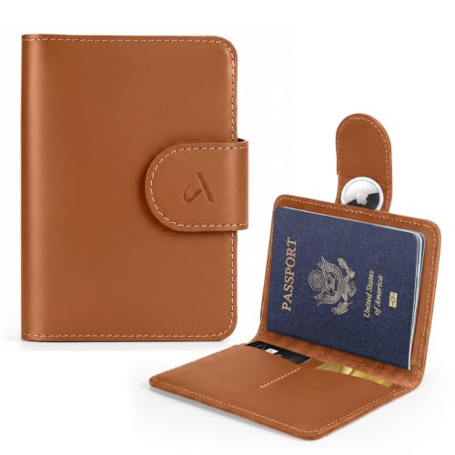 Image of ALLIVE Passport Holder for Travel, Genuine Leather Passport Holder with AirTag Hidden, Rfid Passport Cover Travel Wallet for Airport Essentials, Travel Must Haves Gifts (Caramel)