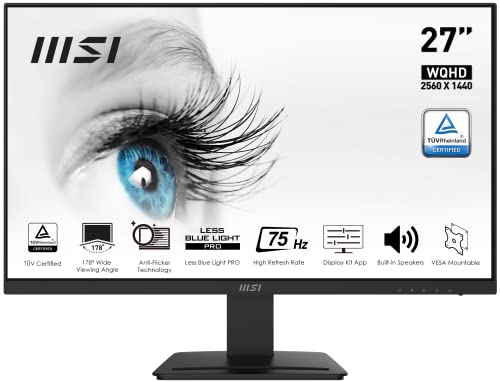 Image of MSI PRO MP273QV 27 Inch WQHD 2560 x 1440 Professional Business Monitor, 75Hz Refresh Rate, 1ms (MPRT) / 4ms (GTG) Response Time, DP, HDMI, Less Blue Light PRO