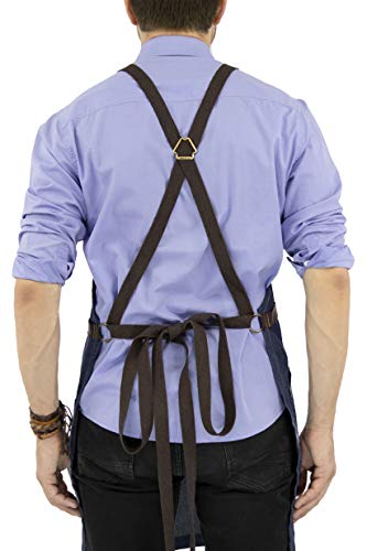 Under Ny Sky Essential Blue Denim Apron – Cross-Back With Leather Reinforcement – Adjustable For Men And Women – Pro Chef, Tattoo Artist, Baker, Barista, Bartender, Server Aprons #TOP4