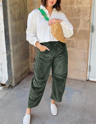 Womens Corduroy Pants Mid Rise Corduroy Barrel Pants, Casual Baggy Wide Leg Elastic Waist Cord Pants with Pockets4
