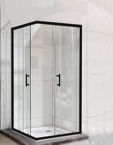 Corner Entry Shower Enclosure with Black Trim Walk in Cubicle Sliding Door Shower Tray and Riser Kit Options (700mm x 700mm Shower Enclosure)