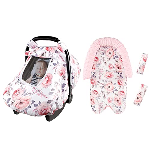 Image of Car Seat Covers for Babies, Baby Carseat Head Support & Strap Cover, Winter Carseat Cover Girls, Pink Floral