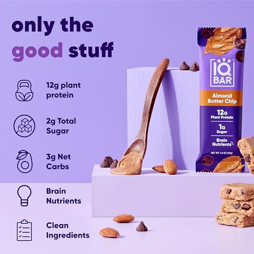IQBAR Brain and Body Plant Protein Bars - Almond Butter Chip - 12-Count - Keto, Vegan, Low Carb, High Fiber, Gluten Free, Dairy Free, Low Sugar Snack with Nutrients for Focus, Energy, Meal Replacement