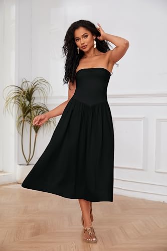 Livtany Women Off Shoulder Midi Dress Strapless Sleeveless Drop-Waist A Line Tube Dress Trendy Summer Swing Patchwork Dress2