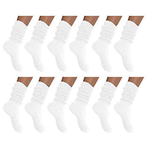 MDR Distirbutors Women's Extra Long & Heavy Slouch Cotton Wear at any Length Socks Made in USA 12 Pairs Size 9 to 11 (12 White)