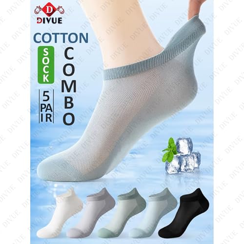 Image of DIVUE Ankle Length Socks for Men & Women | 5 Pair Unisex Multi Color Combo Pack | Cotton Rich, Breathable, Sweat Absorbent, Odor Resistant, Stretchable, Durable Multipurpose Sports, Gym & Casual Socks