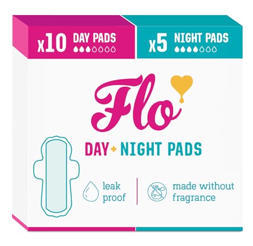Flo Bamboo Period Pads Super Absorbent Breathable Silky Soft Sanitary Towels Winged Day & Night Combo Pack 10 Day 5 Night 15 Count
