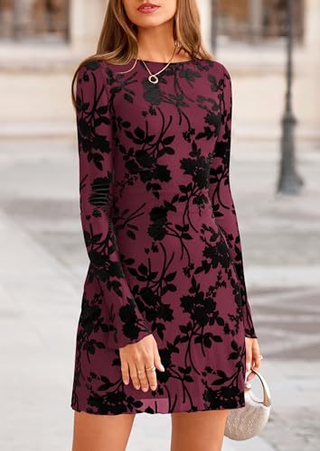 Image of PRETTYGARDEN Women's Fall Floral Long Sleeve Mini Dress | Printed Sheer Mesh, Bell Sleeve Boat Neck, Bodycon Short Dresses, Party Date Night, Cute Casual Outfits, Fashion Clothing