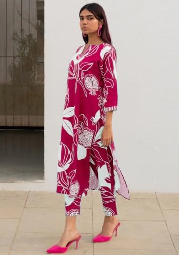 Image of GoSriKi Women's Cotton Blend Straight Printed Kurta with Pant