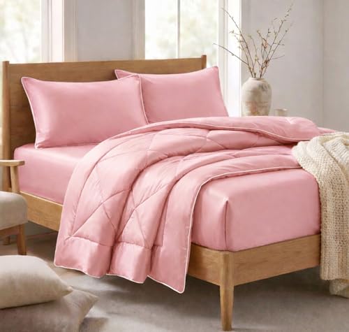 Image of SANMARINO Satin Silk Comforter Set for Double Bed - 300 TC Premium Satin Bedsheet with Pillow Covers, Luxury Complete Bedding Set, Soft Silky Finish, Bedroom Home Furnishing Gift Set - Rose Petal Pink