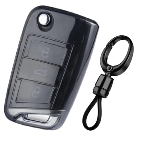 Image of JVCV Soft TPU Transparent Cover Compatible with Skoda Kushaq Kylaq Slavia Taigun Tiguan Virtus Octavia Kodiaq Superb Folding Key (with Keychain - Style A)