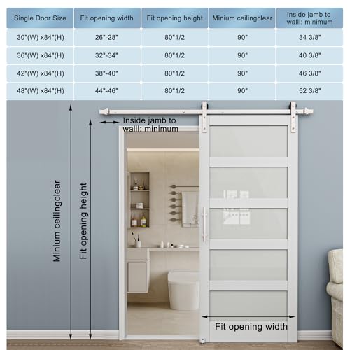 Puerta de granero de vidrio de 42 x 84 pulgadas con kit de herrajes de 7 pies en níquel cepillado; incluye puerta de vidrio esmerilado templado resistente al agua y a arañazos miniatura 6