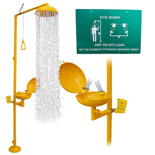 Image of Emergency Shower Eye Wash Station Safty Shower Combination Eye Wash Station with Shower, NPT Thread, 304 Stainless Steel+Yellow Coating with Emergency Sign First Aid Eyewash Station (Yellow)