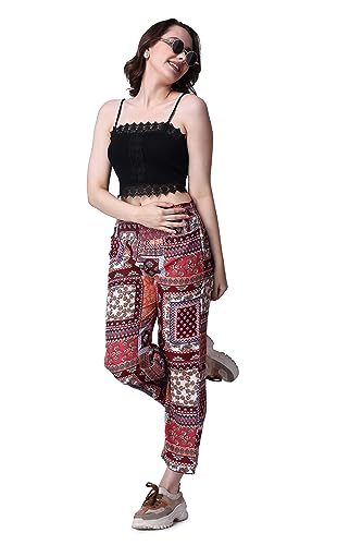 Image of POPWINGS Casual Boho Printed Side Wide Leg Trousers for Women || Summer Wear Comfortable Pull-On Women Trousers || Western Loose-Fit Trousers || Stylish Women Casual Trousers